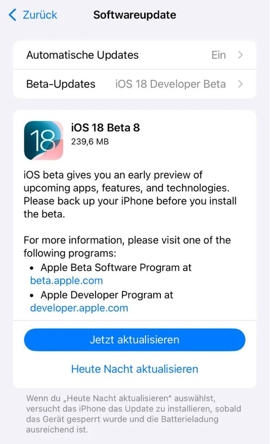 陇川苹果手机维修分享苹果 iOS / iPadOS 18 开发者预览版 Beta 8 发布 